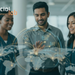 A diverse team including a healthcare professional and technical experts collaborating in a modern office. They are gathered around a glowing, digital holographic globe with interconnected nodes and icons representing healthcare, education, and connectivity. This symbolizes SocialLab’s commitment to building AI that serves humanity across sectors and continents.