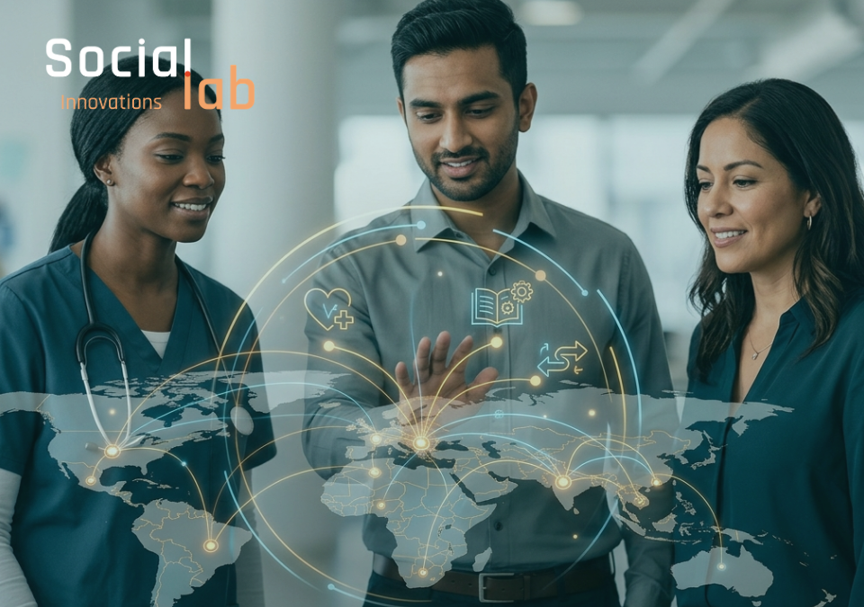 A diverse team including a healthcare professional and technical experts collaborating in a modern office. They are gathered around a glowing, digital holographic globe with interconnected nodes and icons representing healthcare, education, and connectivity. This symbolizes SocialLab’s commitment to building AI that serves humanity across sectors and continents.