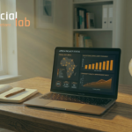 Data visualization dashboard on laptop showing Africa project growth in a human-centric workspace.