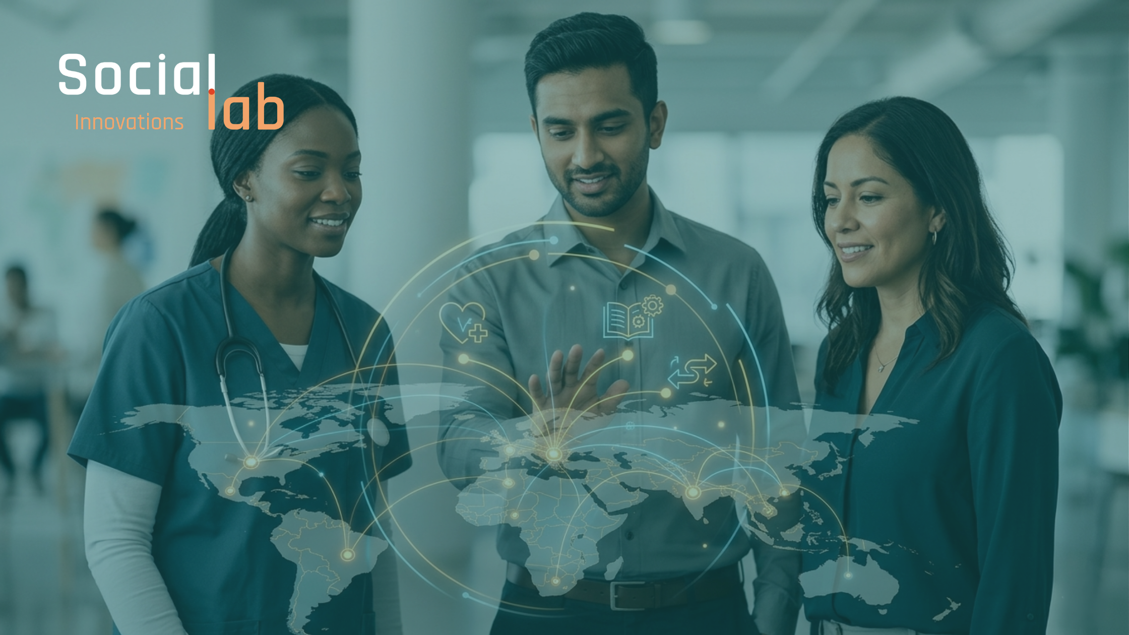 A diverse team including a healthcare professional and technical experts collaborating in a modern office. They are gathered around a glowing, digital holographic globe with interconnected nodes and icons representing healthcare, education, and connectivity. This symbolizes SocialLab’s commitment to building AI that serves humanity across sectors and continents.