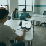 A classroom scene in 2026 showing a student in the foreground with a traditional laptop and paper, while students in the background use a tablet with a glowing teal AI governance interface, illustrating the AI literacy divide.