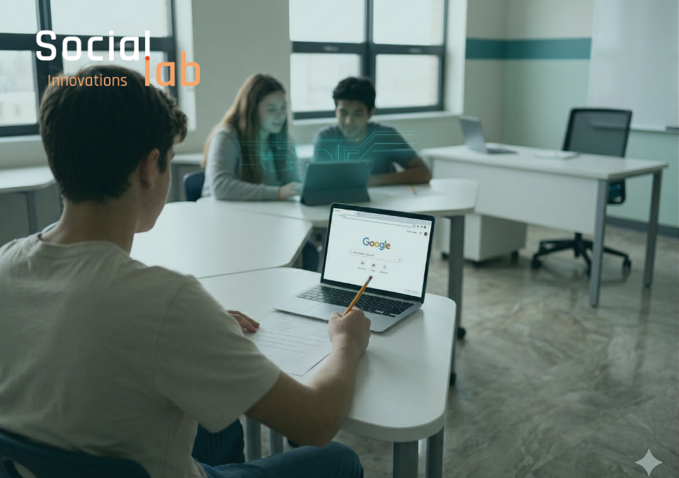 A classroom scene in 2026 showing a student in the foreground with a traditional laptop and paper, while students in the background use a tablet with a glowing teal AI governance interface, illustrating the AI literacy divide.