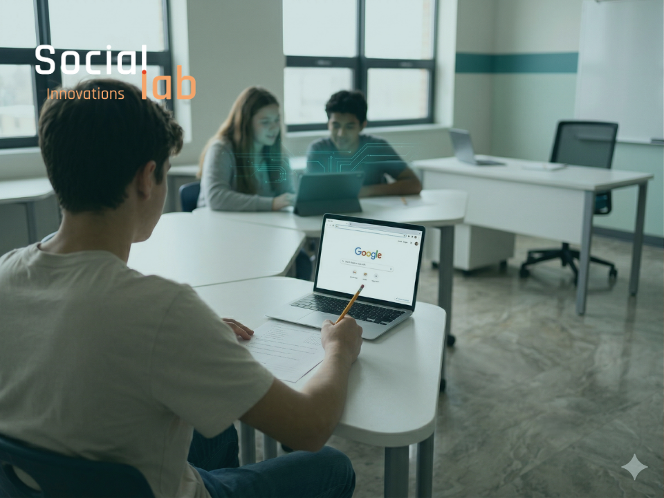 A classroom scene in 2026 showing a student in the foreground with a traditional laptop and paper, while students in the background use a tablet with a glowing teal AI governance interface, illustrating the AI literacy divide.