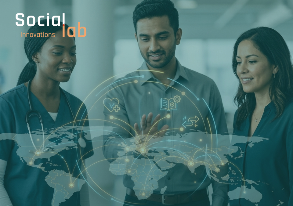 A diverse team including a healthcare professional and technical experts collaborating in a modern office. They are gathered around a glowing, digital holographic globe with interconnected nodes and icons representing healthcare, education, and connectivity. This symbolizes SocialLab’s commitment to building AI that serves humanity across sectors and continents.