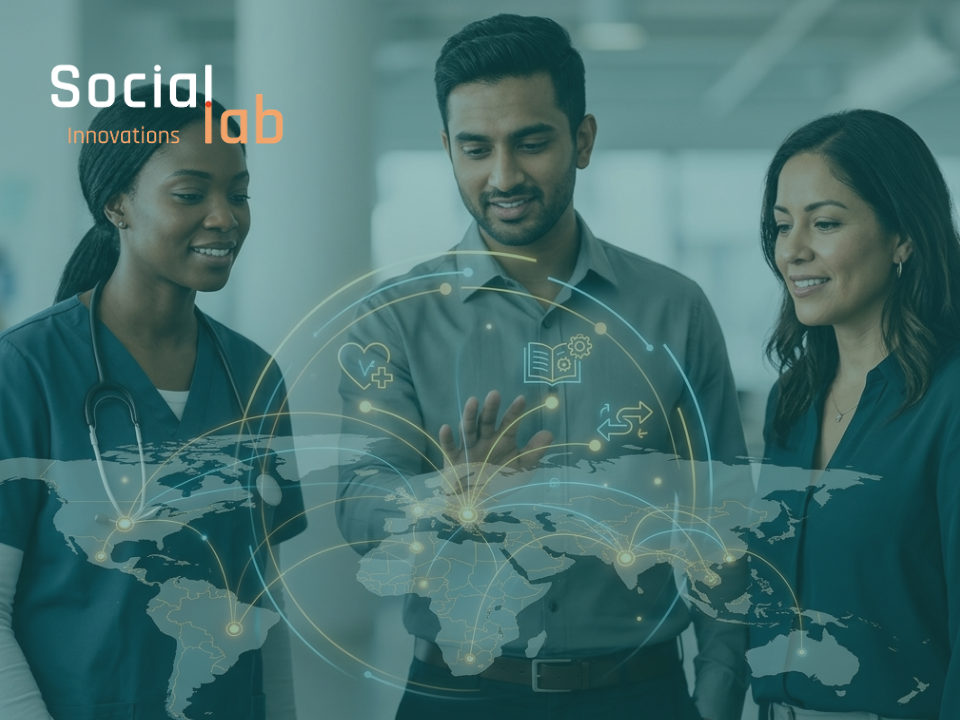 A diverse team including a healthcare professional and technical experts collaborating in a modern office. They are gathered around a glowing, digital holographic globe with interconnected nodes and icons representing healthcare, education, and connectivity. This symbolizes SocialLab’s commitment to building AI that serves humanity across sectors and continents.