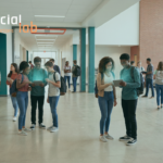 Diverse group of students in a high school hallway using tablets with digital overlays, illustrating the integration of AI in education and the need for governance infrastructure.