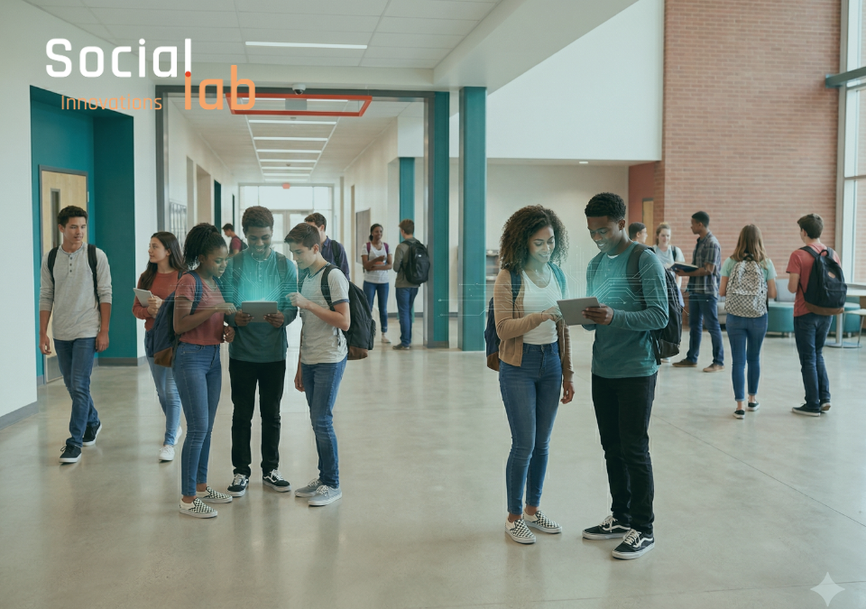 Diverse group of students in a high school hallway using tablets with digital overlays, illustrating the integration of AI in education and the need for governance infrastructure.