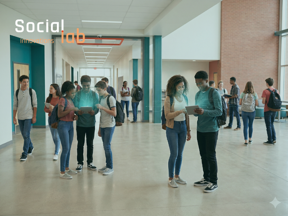 Diverse group of students in a high school hallway using tablets with digital overlays, illustrating the integration of AI in education and the need for governance infrastructure.