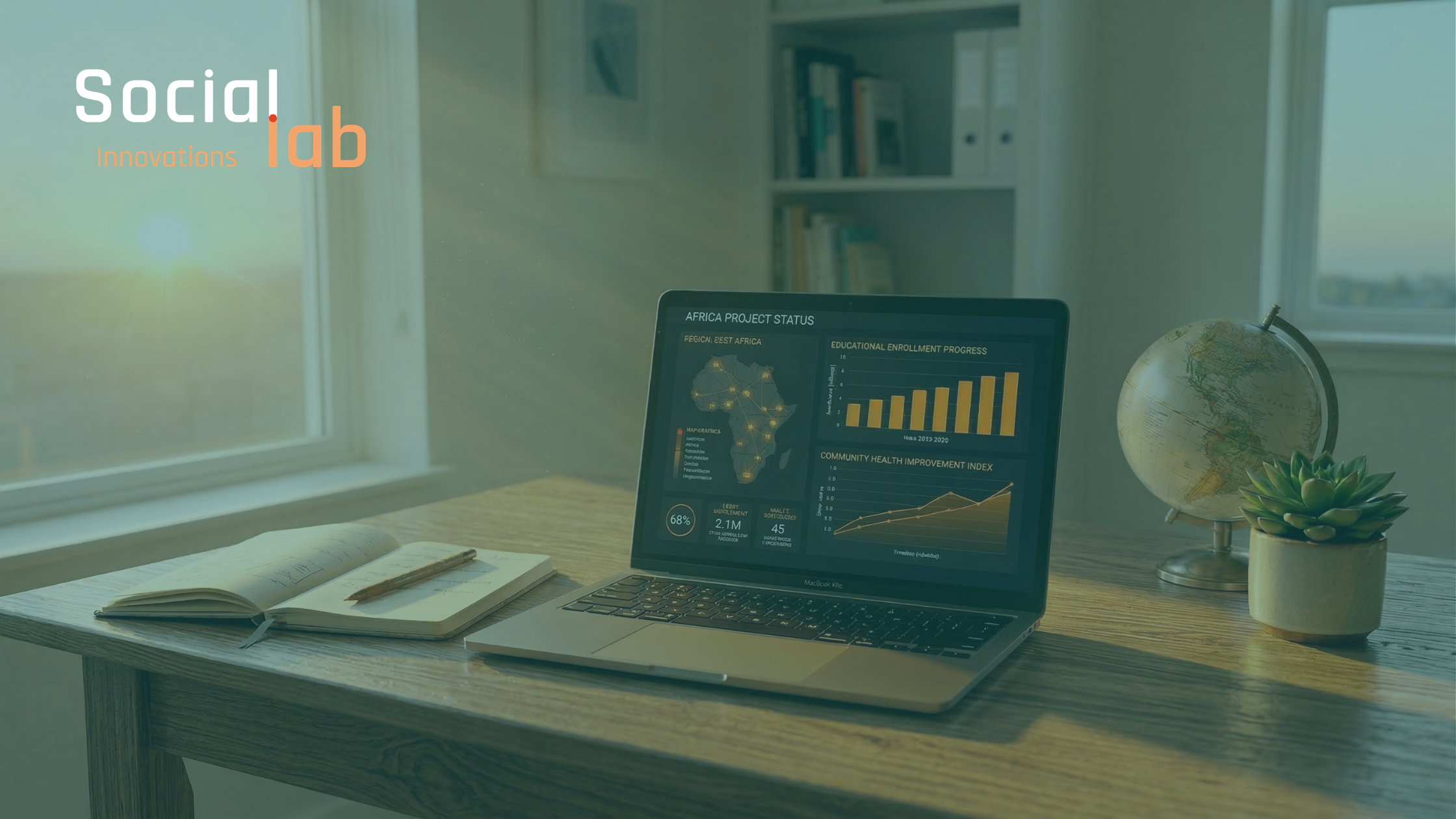 Data visualization dashboard on laptop showing Africa project growth in a human-centric workspace