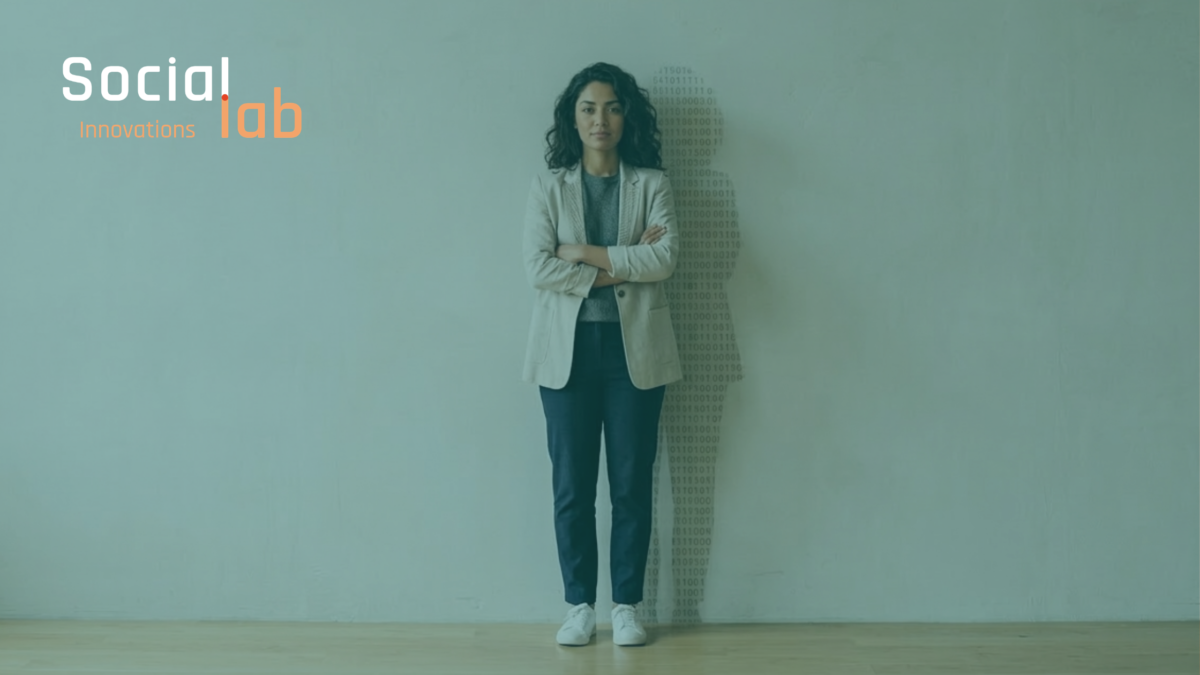 A portrait of a confident woman standing against a plain wall with a shadow composed of binary code patterns, symbolizing women's empowerment and leadership in technology and AI development at SocialLab.