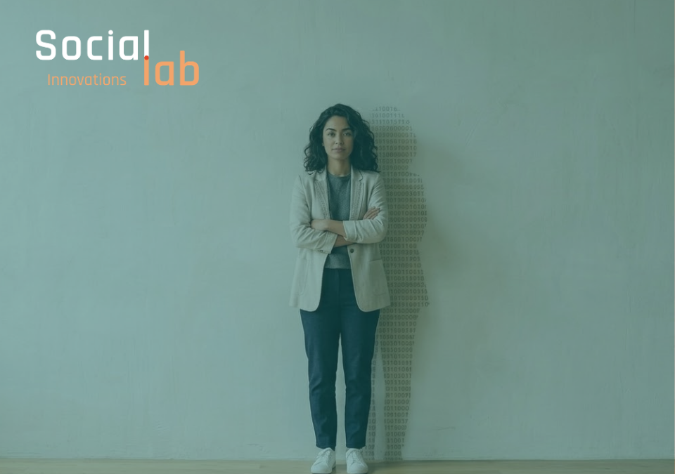 A portrait of a confident woman standing against a plain wall with a shadow composed of binary code patterns, symbolizing women's empowerment and leadership in technology and AI development at SocialLab.