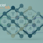 An abstract 3D network of interconnected nodes and lines representing multidisciplinary AI innovation, featuring icons for healthcare, education, and media to illustrate cross-sector collaboration for social good.