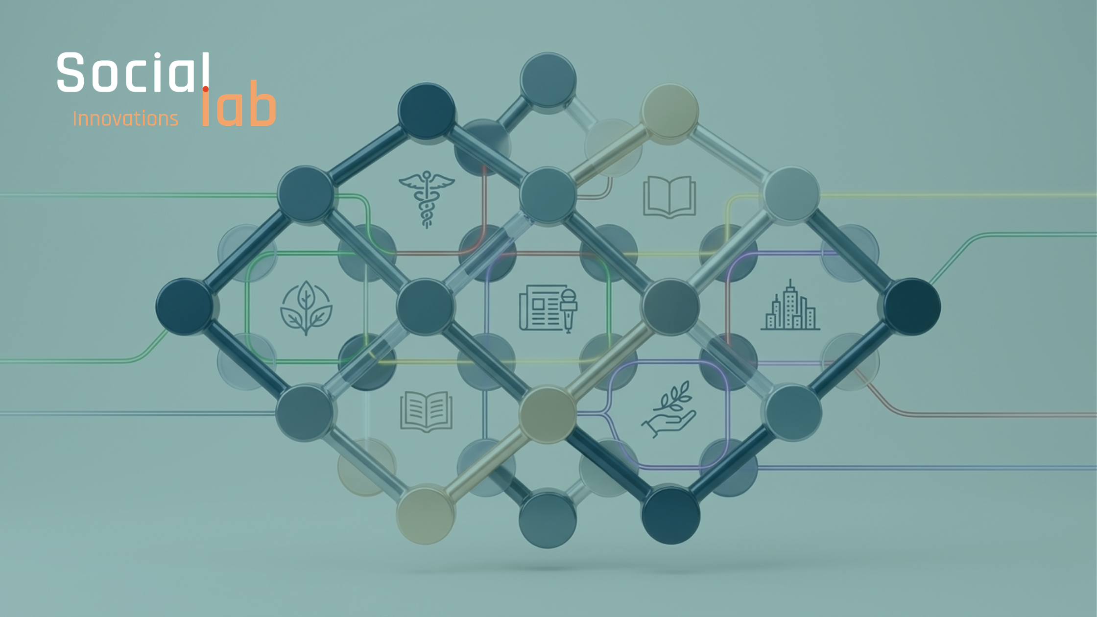 An abstract 3D network of interconnected nodes and lines representing multidisciplinary AI innovation, featuring icons for healthcare, education, and media to illustrate cross-sector collaboration for social good.