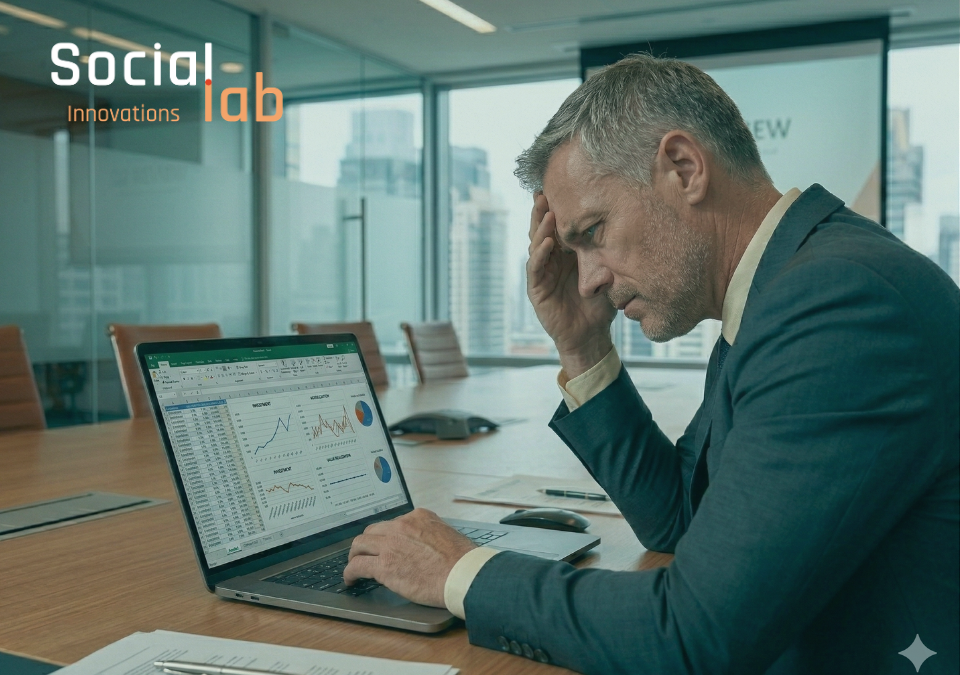 Stressed executive analyzing declining investment charts on a laptop, illustrating why AI investments fail due to the maturity gap.