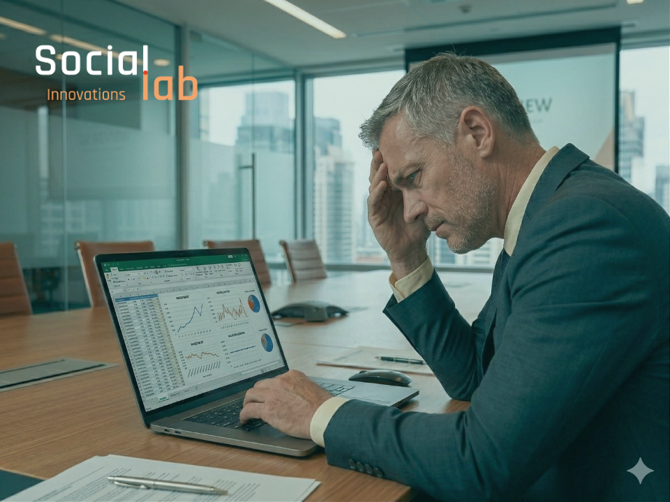 Stressed executive analyzing declining investment charts on a laptop, illustrating why AI investments fail due to the maturity gap.