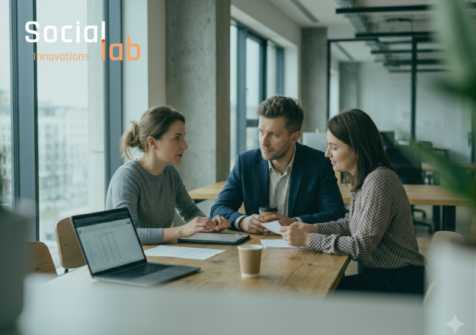 Business executives discussing the 10-20-70 rule for AI ROI and closing the terminology gap.