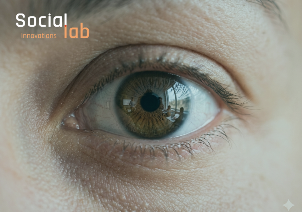 A close-up of a human eye showing the classroom, symbolizing ground-level visibility and infrastructure for AI school governance.