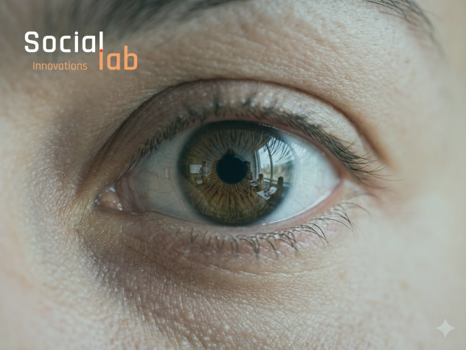 A close-up of a human eye showing the classroom, symbolizing ground-level visibility and infrastructure for AI school governance.