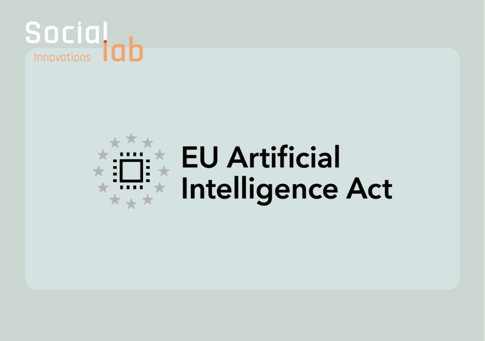 A graphic titled "EU Artificial Intelligence Act" featuring the SocialLab logo and an EU-inspired circuit icon