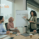 A female professional presenting "The Path to AI Fluency" roadmap to a diverse group.