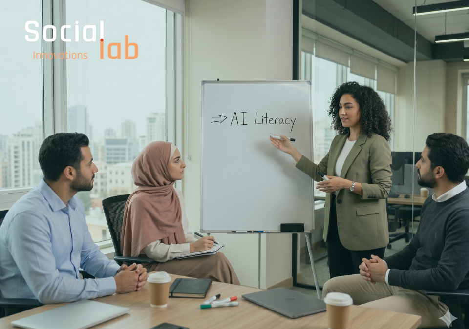 A female professional presenting "The Path to AI Fluency" roadmap to a diverse group.