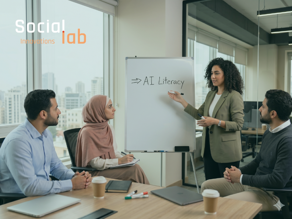 A female professional presenting "The Path to AI Fluency" roadmap to a diverse group.