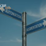 Signpost showing two divergent paths labeled Automation and Augmentation against a blue sky, illustrating the 2026 AI strategic decision boundary.