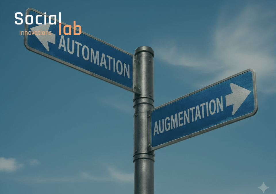 Signpost showing two divergent paths labeled Automation and Augmentation against a blue sky, illustrating the 2026 AI strategic decision boundary.