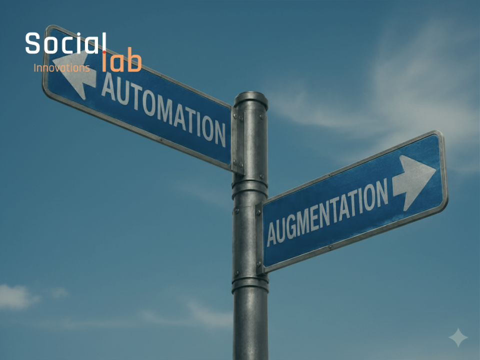 Signpost showing two divergent paths labeled Automation and Augmentation against a blue sky, illustrating the 2026 AI strategic decision boundary.