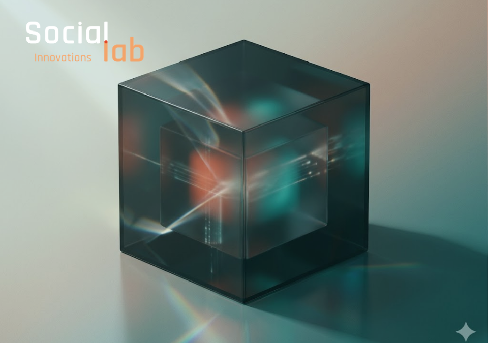 A translucent glass cube containing a smaller inner cube, illuminated by internal light refractions in teal and orange. The image features the "Social Innovations Lab" logo in the top left corner, symbolizing the concept of moving beyond "black box" AI toward transparency and explainability.