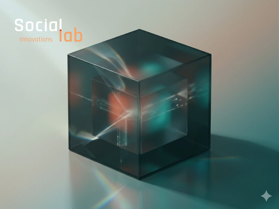 A translucent glass cube containing a smaller inner cube, illuminated by internal light refractions in teal and orange. The image features the "Social Innovations Lab" logo in the top left corner, symbolizing the concept of moving beyond "black box" AI toward transparency and explainability.