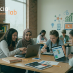 A diverse group of adolescent girls collaborating on laptops and tablets in a bright, modern classroom, representing an inclusive digital learning ecosystem.
