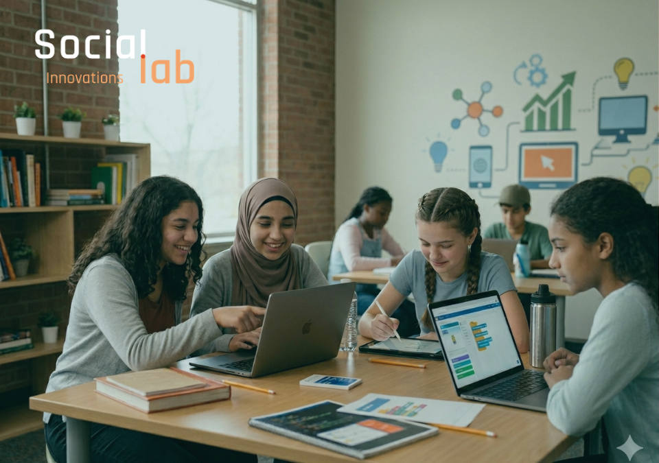 A diverse group of adolescent girls collaborating on laptops and tablets in a bright, modern classroom, representing an inclusive digital learning ecosystem.