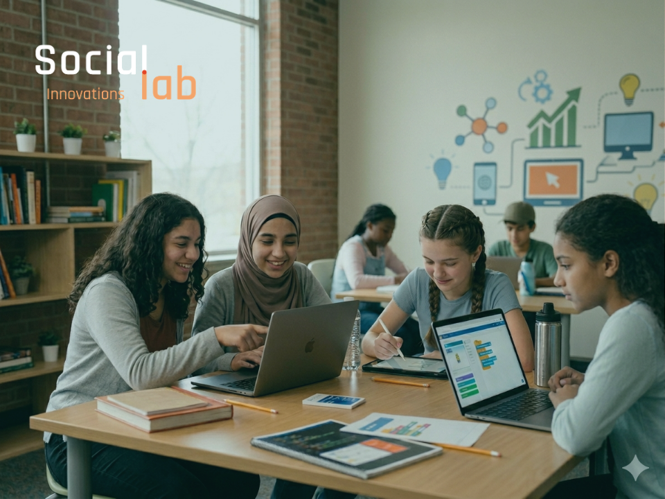 A diverse group of adolescent girls collaborating on laptops and tablets in a bright, modern classroom, representing an inclusive digital learning ecosystem.