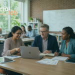 Three diverse educators collaborating around a laptop and printed curriculum notes to discuss AI integration and assessment frameworks in a school setting.