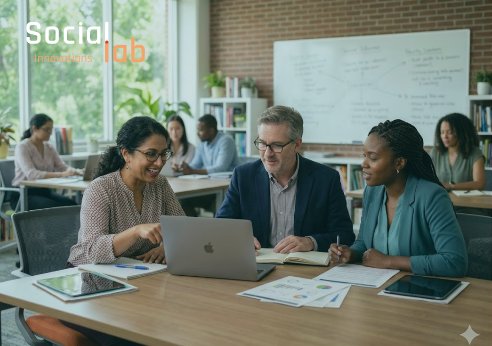 Three diverse educators collaborating around a laptop and printed curriculum notes to discuss AI integration and assessment frameworks in a school setting.