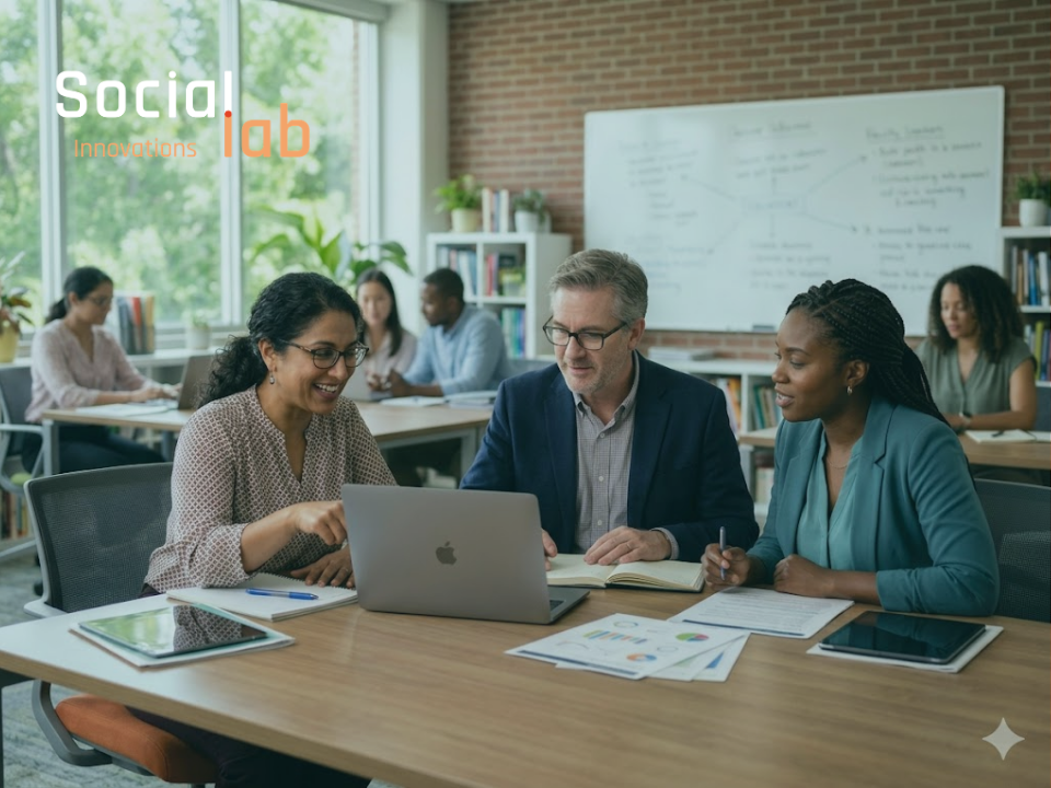 Three diverse educators collaborating around a laptop and printed curriculum notes to discuss AI integration and assessment frameworks in a school setting.