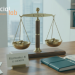 A high-resolution photo of a balanced executive desk. On a warm-toned wooden surface, a minimalist brass and walnut balance scale holds identical weights in its pans, positioned in perfect balance. Engraved on the top beam is the word 'ETHICS'. Below the scale, a hand-written sign reads 'RESPONSIBLE AI IS CHEAPER'. An open teal leather notebook with notes and 'ROI' written , a pen, and an architect's blueprint are carefully arranged, suggesting precise, forward-thinking business planning. The background features large windows with a blurred view of a modern city.