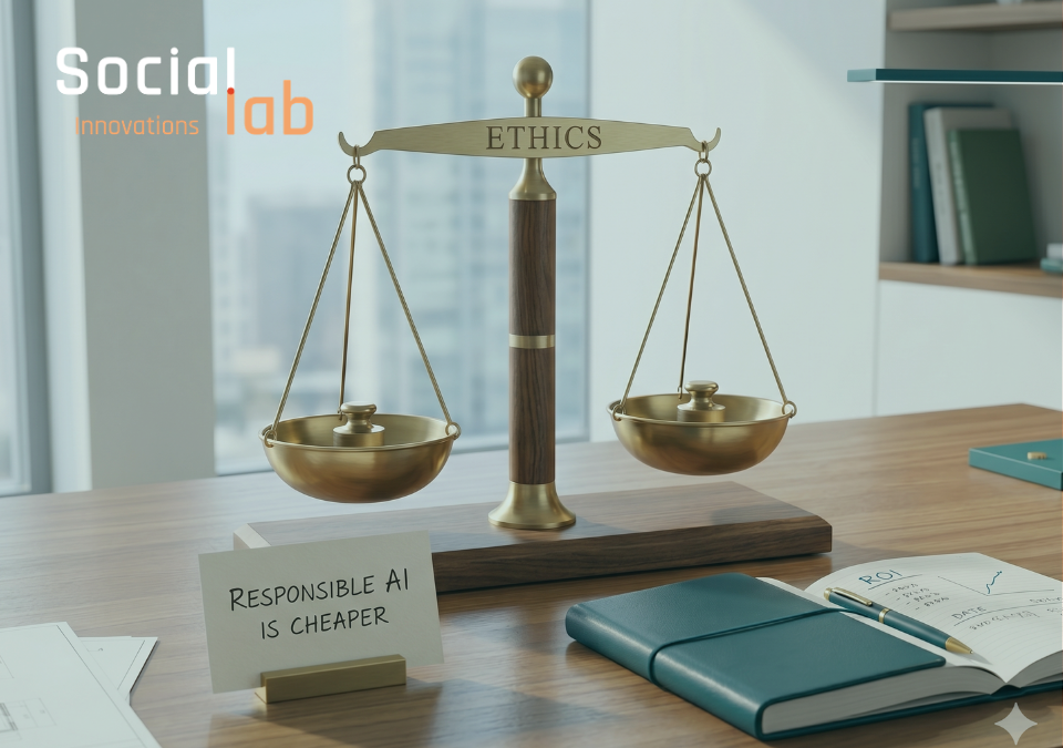 A high-resolution photo of a balanced executive desk. On a warm-toned wooden surface, a minimalist brass and walnut balance scale holds identical weights in its pans, positioned in perfect balance. Engraved on the top beam is the word 'ETHICS'. Below the scale, a hand-written sign reads 'RESPONSIBLE AI IS CHEAPER'. An open teal leather notebook with notes and 'ROI' written , a pen, and an architect's blueprint are carefully arranged, suggesting precise, forward-thinking business planning. The background features large windows with a blurred view of a modern city.