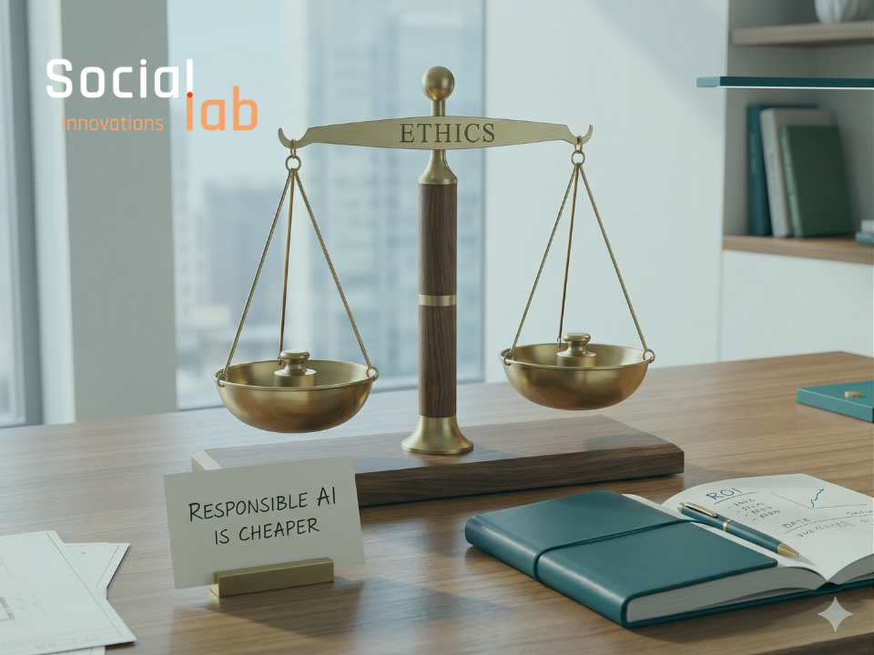 A high-resolution photo of a balanced executive desk. On a warm-toned wooden surface, a minimalist brass and walnut balance scale holds identical weights in its pans, positioned in perfect balance. Engraved on the top beam is the word 'ETHICS'. Below the scale, a hand-written sign reads 'RESPONSIBLE AI IS CHEAPER'. An open teal leather notebook with notes and 'ROI' written , a pen, and an architect's blueprint are carefully arranged, suggesting precise, forward-thinking business planning. The background features large windows with a blurred view of a modern city.