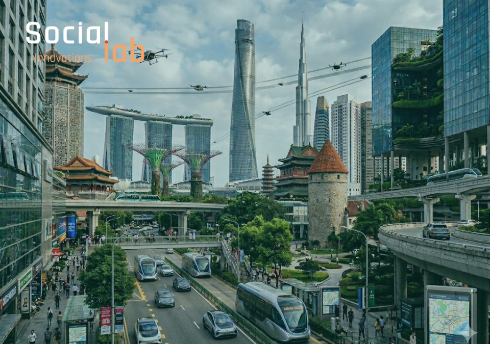 A high-angle photograph looking down a multi-level street in a futuristic and eclectic city that combines landmarks from diverse global locations, including the Marina Bay Sands-style complex and Gardens by the Bay with their supertrees, the twisting Shanghai Tower, and the soaring Burj Khalifa, with smaller architectural pieces like a medieval European-style tower, a traditional Asian pagoda, and an elevated automated transit line. Below, a busy roadway with electric buses and cars moves alongside a pedestrian area with small screens displaying maps, under a sky filled with drones.