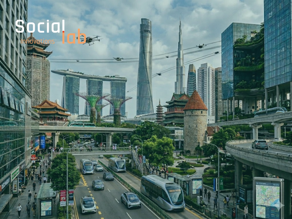 A high-angle photograph looking down a multi-level street in a futuristic and eclectic city that combines landmarks from diverse global locations, including the Marina Bay Sands-style complex and Gardens by the Bay with their supertrees, the twisting Shanghai Tower, and the soaring Burj Khalifa, with smaller architectural pieces like a medieval European-style tower, a traditional Asian pagoda, and an elevated automated transit line. Below, a busy roadway with electric buses and cars moves alongside a pedestrian area with small screens displaying maps, under a sky filled with drones.