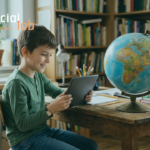 A ten-year-old boy sitting at a wooden desk in a library, smiling while looking at a dark gray tablet. A large educational globe sits on the desk next to him, with bookshelves filled with books blurred in the background.