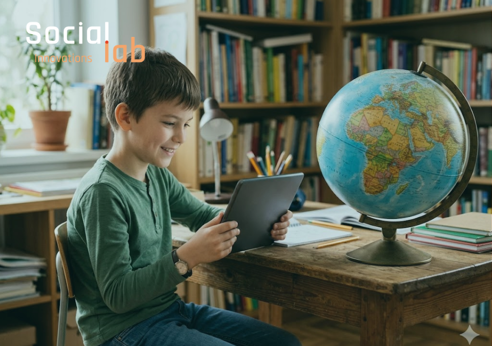 A ten-year-old boy sitting at a wooden desk in a library, smiling while looking at a dark gray tablet. A large educational globe sits on the desk next to him, with bookshelves filled with books blurred in the background.
