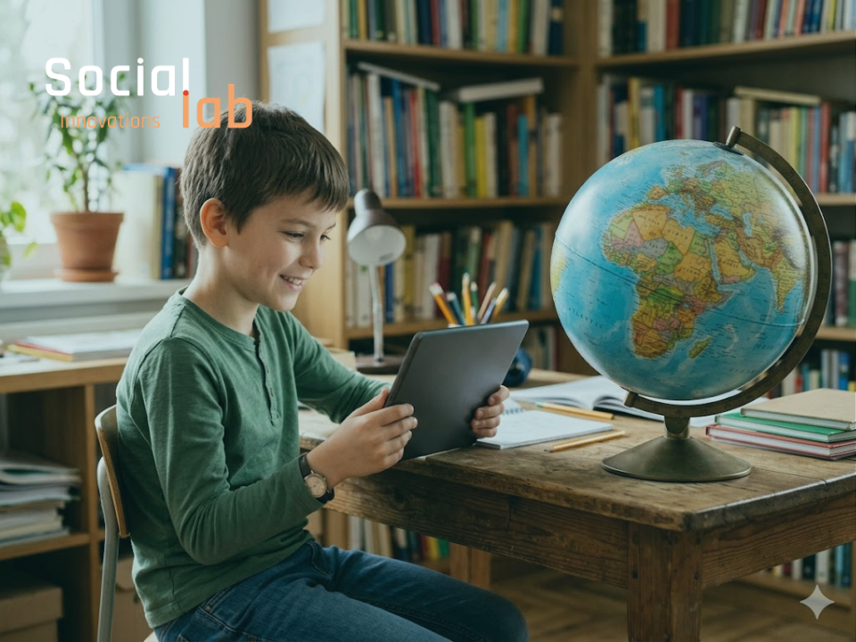 A ten-year-old boy sitting at a wooden desk in a library, smiling while looking at a dark gray tablet. A large educational globe sits on the desk next to him, with bookshelves filled with books blurred in the background.