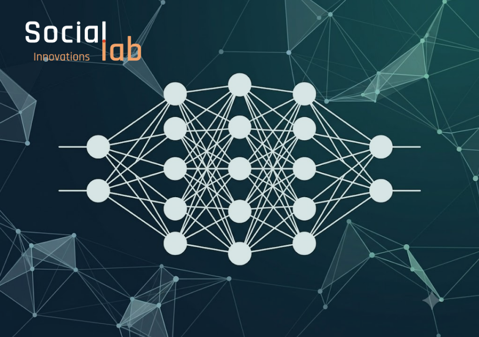 An abstract, stylized illustration of a multilayer artificial neural network diagram against a dark blue and teal-green gradient background. The central figure is composed of 16 white circles (neurons) connected by a dense lattice of white lines. The background features a glowing, intricate geometric plexus pattern of interconnected lines and dots.