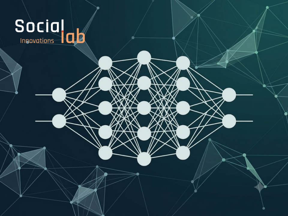 An abstract, stylized illustration of a multilayer artificial neural network diagram against a dark blue and teal-green gradient background. The central figure is composed of 16 white circles (neurons) connected by a dense lattice of white lines. The background features a glowing, intricate geometric plexus pattern of interconnected lines and dots.