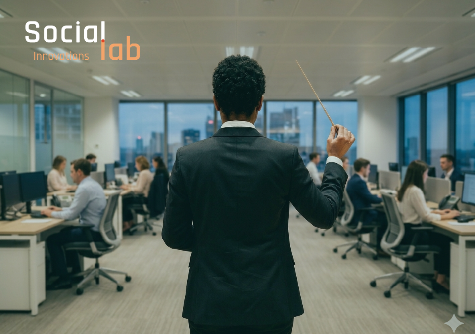 A minimalistic, back-view photograph of a corporate leader in a black suit holding a conductor's baton, standing before a modern, glass-walled enterprise office where employees work at rows of desks. SocialLab logo at the left corner.