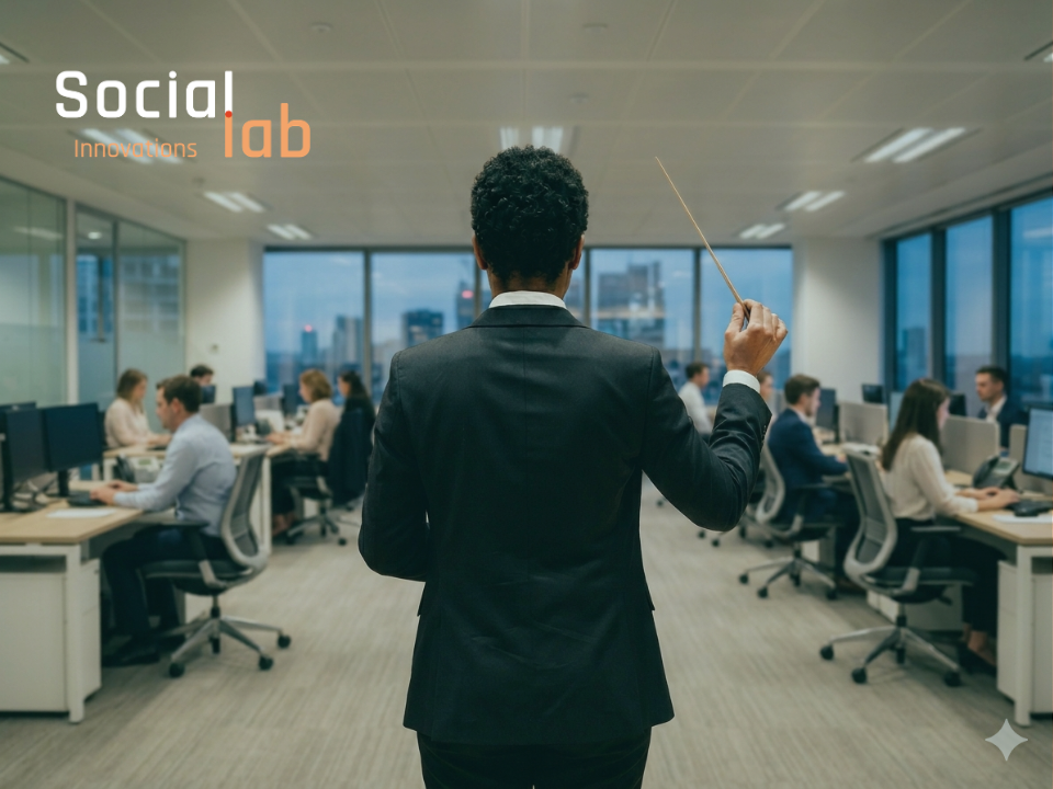 A minimalistic, back-view photograph of a corporate leader in a black suit holding a conductor's baton, standing before a modern, glass-walled enterprise office where employees work at rows of desks. SocialLab logo at the left corner.