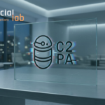 A glass sign on an office desk displaying the C2PA logo alongside the SocialLab logo, representing digital content authentication.